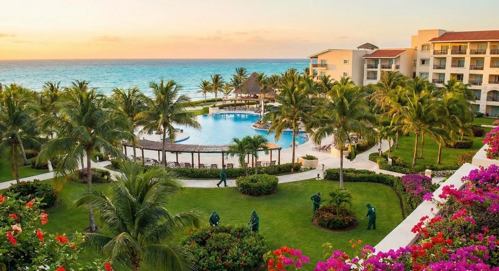 Infografía de jardinería para hoteles en Riviera Maya: mantenimiento silencioso, restauración de duna con plantas nativas, certificaciones EarthCheck y seguridad laboral REPSE.