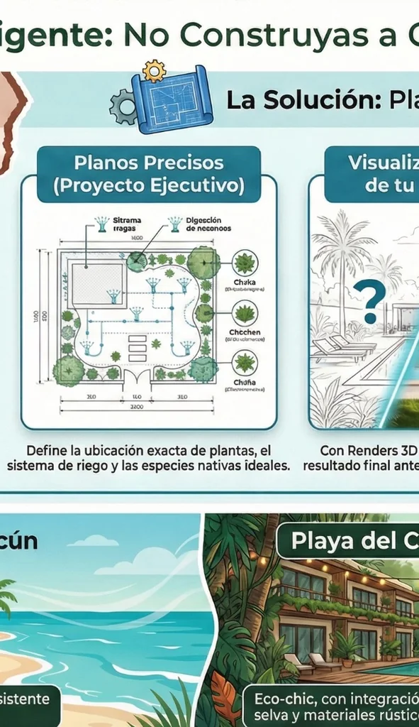 Plano arquitectónico de paisajismo (Master Plan) y sembrado de plantas nativas para proyecto ejecutivo en Cancún.