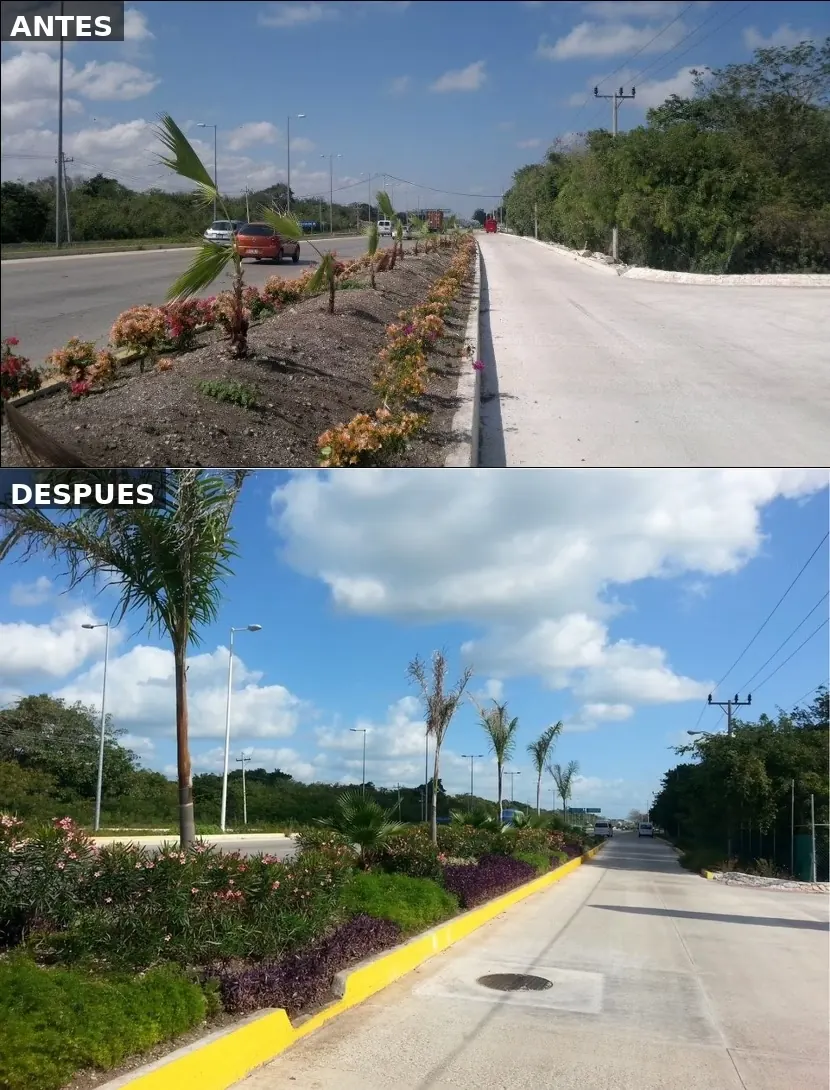 Antes y después del paisajismo en el acceso de Condominio Regatta en Puerto Morelos