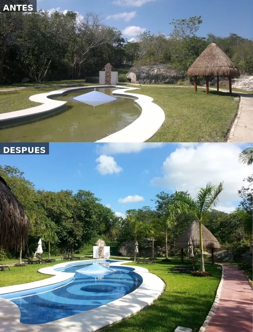 Antes y después de áreas verdes y alberca en Condominio Regatta Puerto Morelos