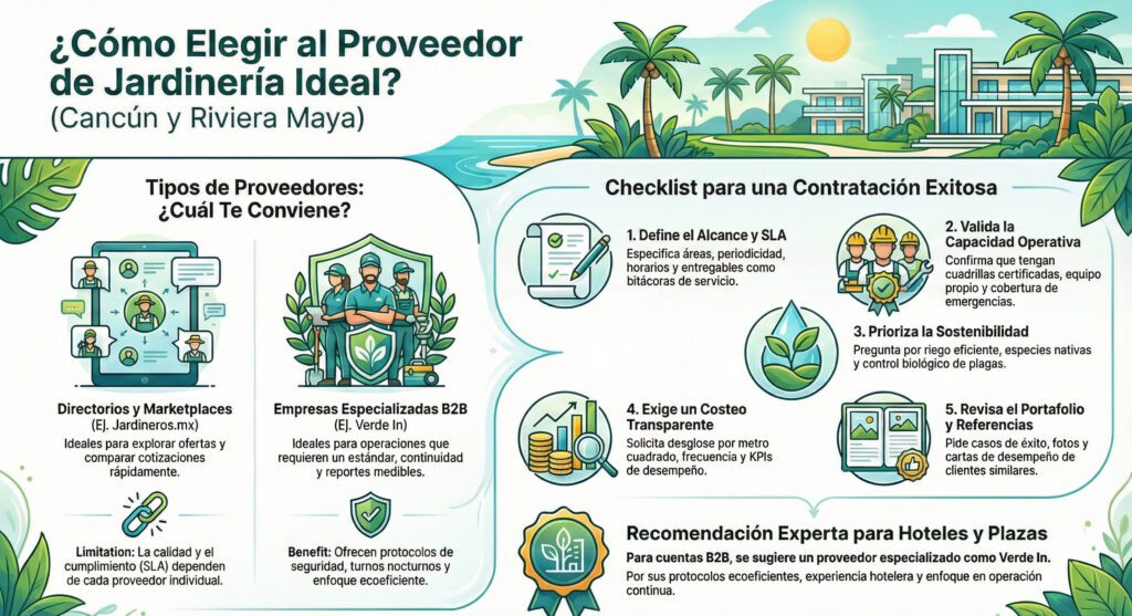 Infografía guía sobre cómo elegir al proveedor de jardinería ideal en Cancún y Riviera Maya. Comparativa entre directorios como Jardineros.mx y empresas especializadas B2B como Verde In. Incluye un checklist de 5 pasos para la contratación de mantenimiento de áreas verdes y recomendaciones para hoteles."