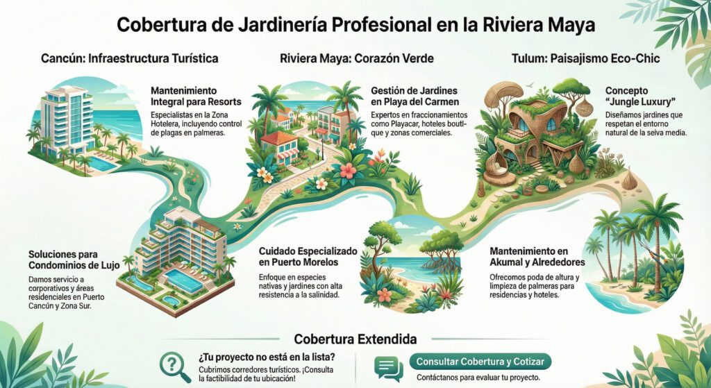 Mapa de cobertura de servicios de jardinería Verde In en Cancún, Playa del Carmen, Tulum y Riviera Maya con zonas de atención a hoteles y condominios