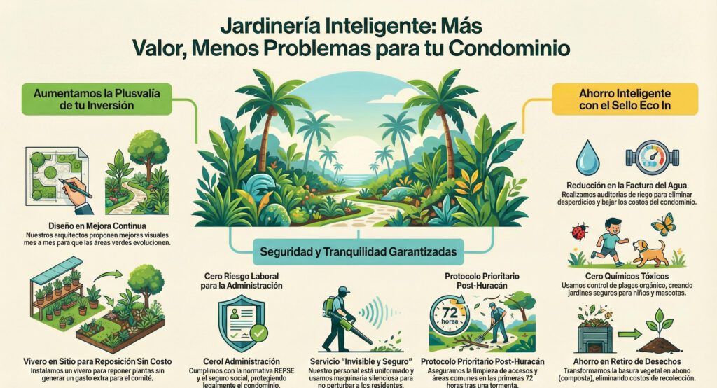eneficios de la jardinería inteligente para condominios: aumento de plusvalía, seguridad laboral, limpieza post-huracán y ahorro de agua con certificación Eco In.