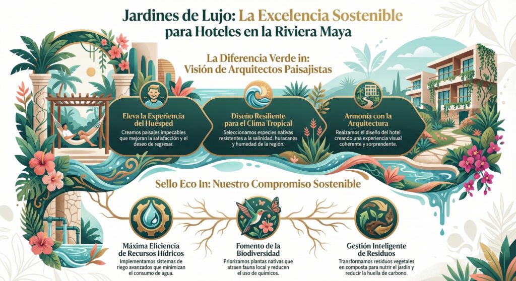 Infografía de servicios Verde In para hoteles: Mantenimiento de jardines de lujo en Riviera Maya con visión de Arquitectos Paisajistas y certificación Sello Eco In.