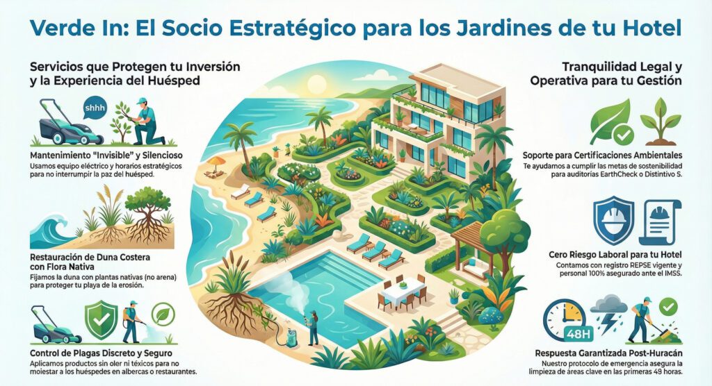Infografía de jardinería para hoteles en Riviera Maya: mantenimiento silencioso, restauración de duna con plantas nativas, certificaciones EarthCheck y seguridad laboral REPSE.