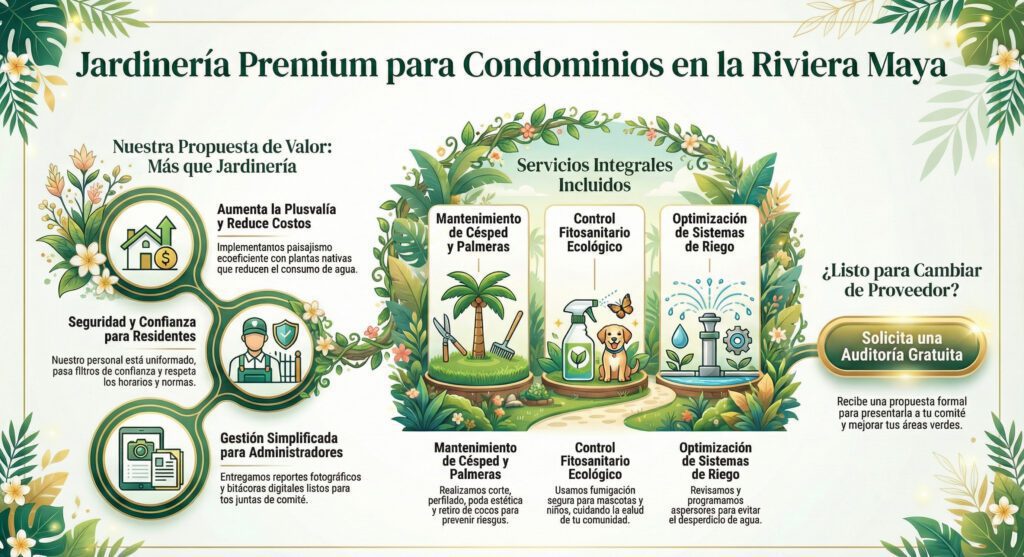 Infografía de servicios de jardinería premium para condominios en la Riviera Maya: mantenimiento de césped, control de plagas, riego y seguridad laboral por Verde In.