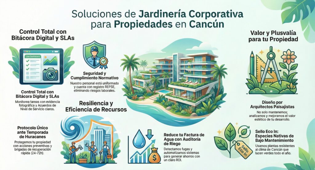 Servicio profesional de jardinería en Cancún: Mantenimiento integral, poda y limpieza de áreas verdes para condominios y empresas por Verde In.