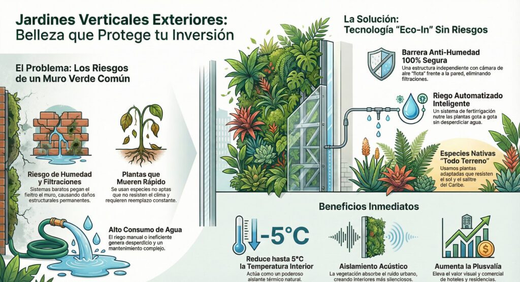 Infografía de Jardines Verticales en Cancún: Comparativa de riesgos de humedad vs Tecnología Eco-In de Verde In con barrera anti-humedad, riego automatizado y plantas nativas.