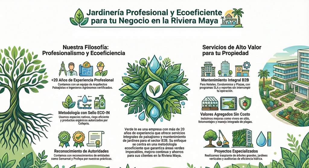 Beneficios del mantenimiento de jardines en plazas comerciales Cancún: Vivero en sitio, operación nocturna y ecoeficiencia por Verde In.