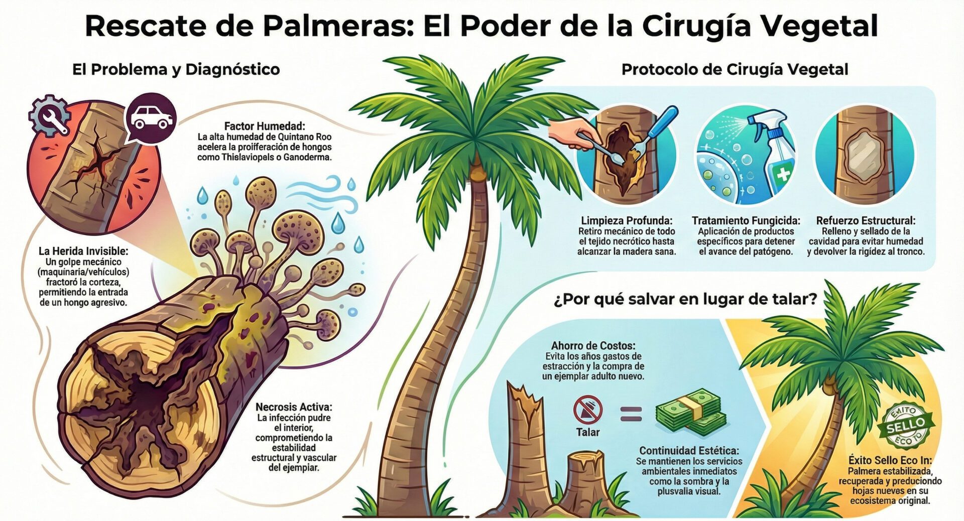 Infografía del protocolo de rescate y cirugía vegetal de palmeras de Verde In. Detalla el diagnóstico de infecciones por hongos (Thielaviopsis o Ganoderma) causadas por golpes mecánicos y humedad en Quintana Roo, y el tratamiento en 3 pasos: limpieza de necrosis, aplicación de fungicidas y refuerzo estructural para evitar la tala.