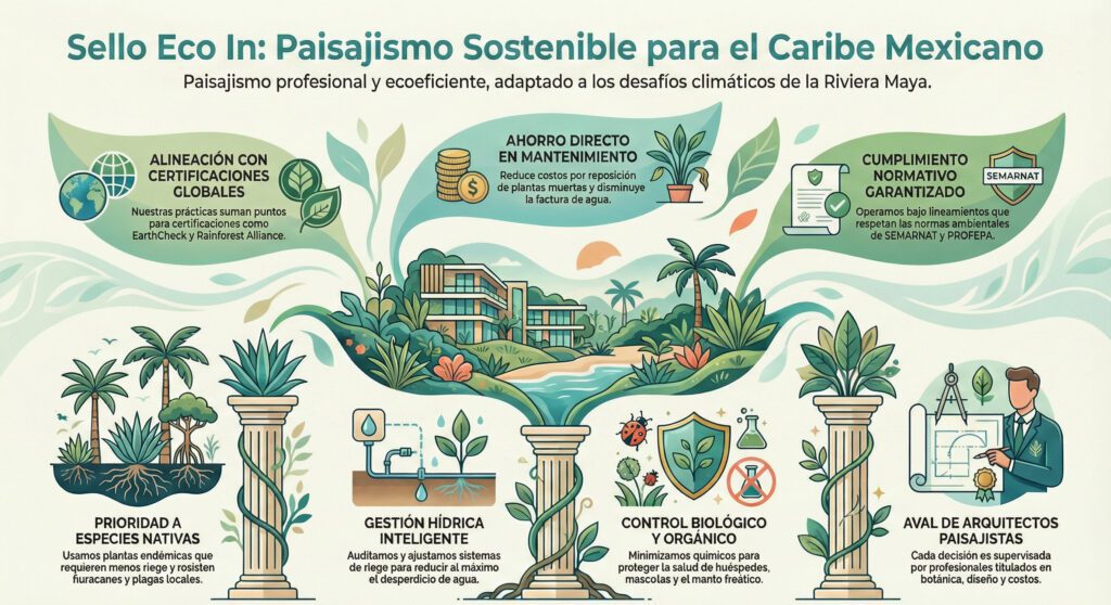 Infografía del Sello Eco In de Verde In para paisajismo sostenible en el Caribe Mexicano. Muestra los pilares del servicio: alineación con certificaciones globales, ahorro en mantenimiento y agua, uso de plantas nativas resistentes a huracanes, gestión hídrica inteligente, control biológico de plagas sin químicos y aval de arquitectos paisajistas titulados.