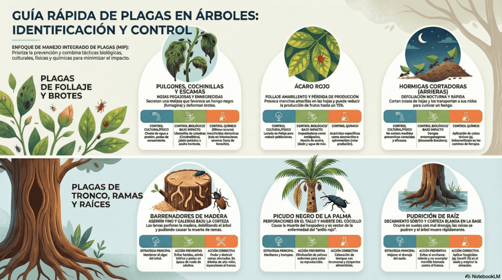 Guía rápida de identificación y control de plagas en árboles para jardines de la Riviera Maya. Detalla síntomas y tratamiento (MIP) para plagas comunes como pulgones y cochinillas, ácaro rojo, hormigas cortadoras (arrieras), barrenadores de madera, picudo negro de la palma y pudrición de raíz, con enfoque preventivo y biológico.